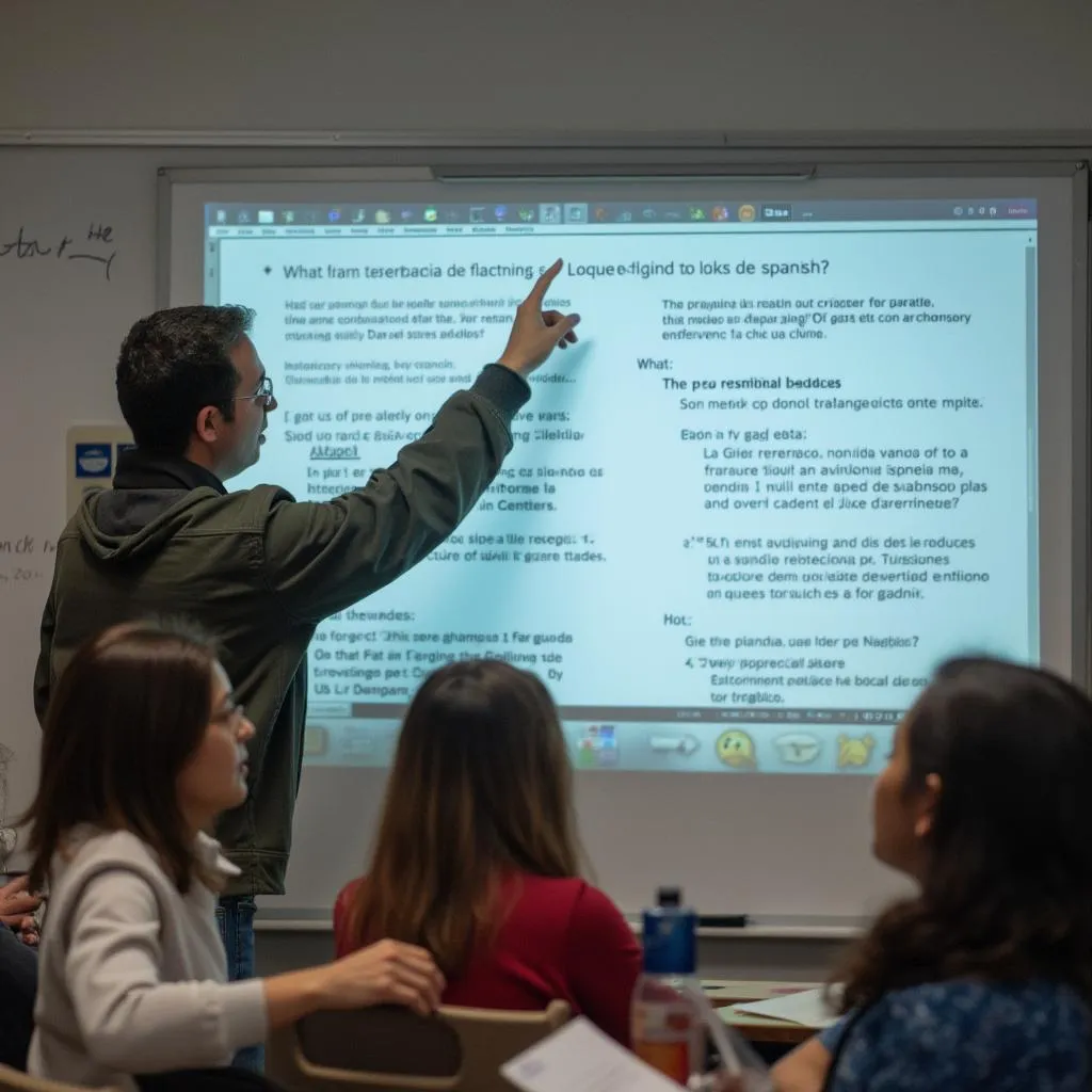 Instructor explicando gramática en una pizarra interactiva