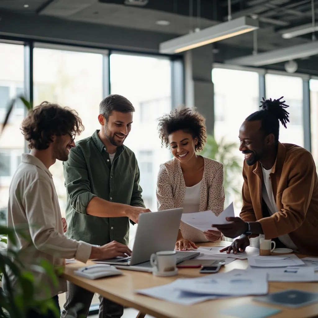 Equipo de trabajo diverso y colaborativo en una oficina moderna