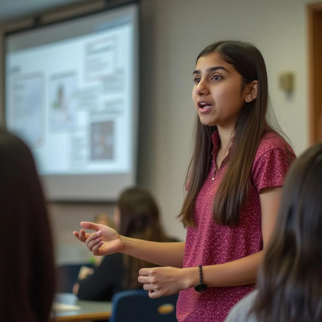 Estudiante avanzado de español dando una presentación